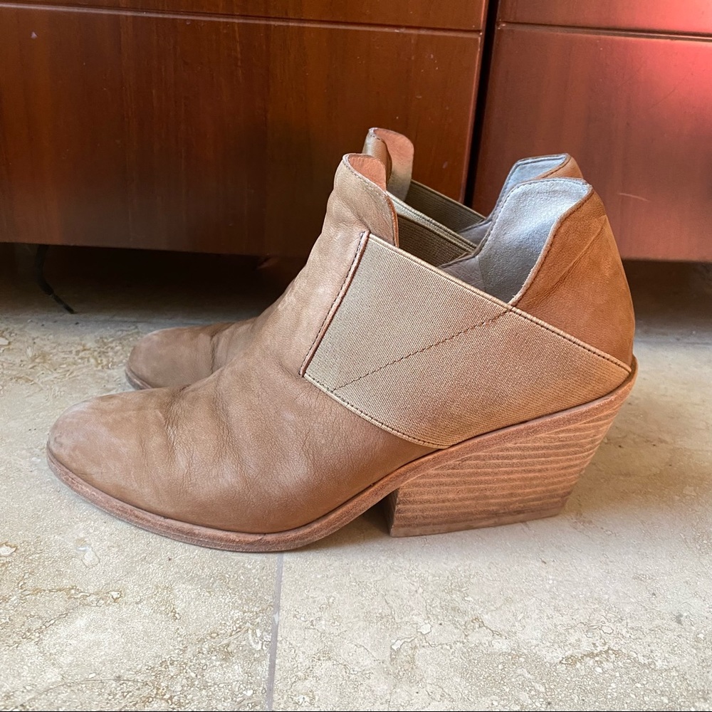 Eileen Fisher Camel Suede Leather Ankle Boots 2” Block Heel